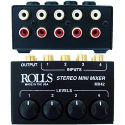 Mikseri, mini, 4-kanavainen stereo passiivimikseri RCA-liitännöillä